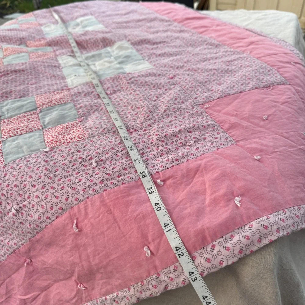 Vintage Handmade Patchwork Quilt Pink Floral Nine Patch Cottagecore Cutter 84x88